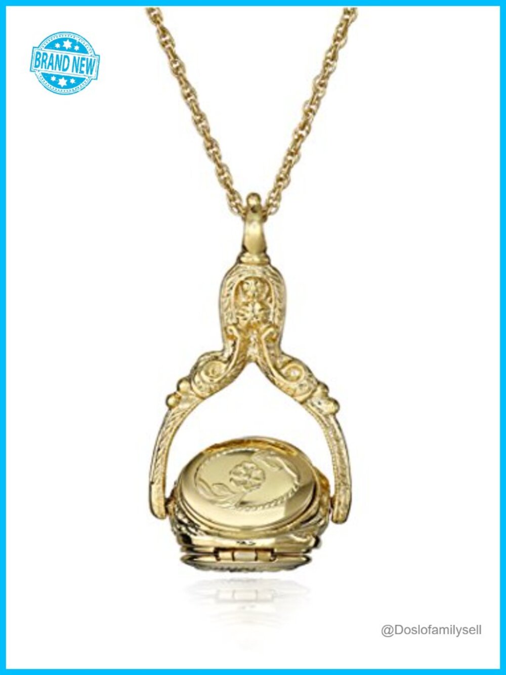 Gold Tone Spinner Locket Pendant Necklace 30" Rope Chain